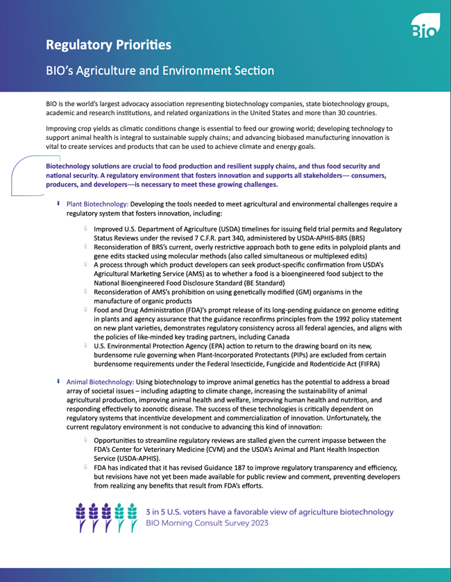 Regulatory Priorities BIO’s Agriculture and Environment Section