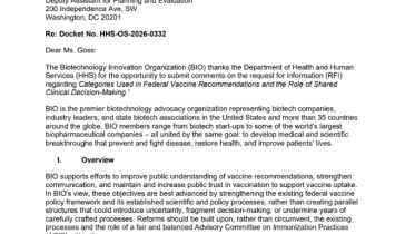 BIO's response to HHS Request for Information: Categories Used in Federal Vaccine Recommendations